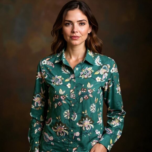 Talbots Teal Green Floral Button Front Top Womens Size M Cotton Long Sleeve - Picture 1 of 8